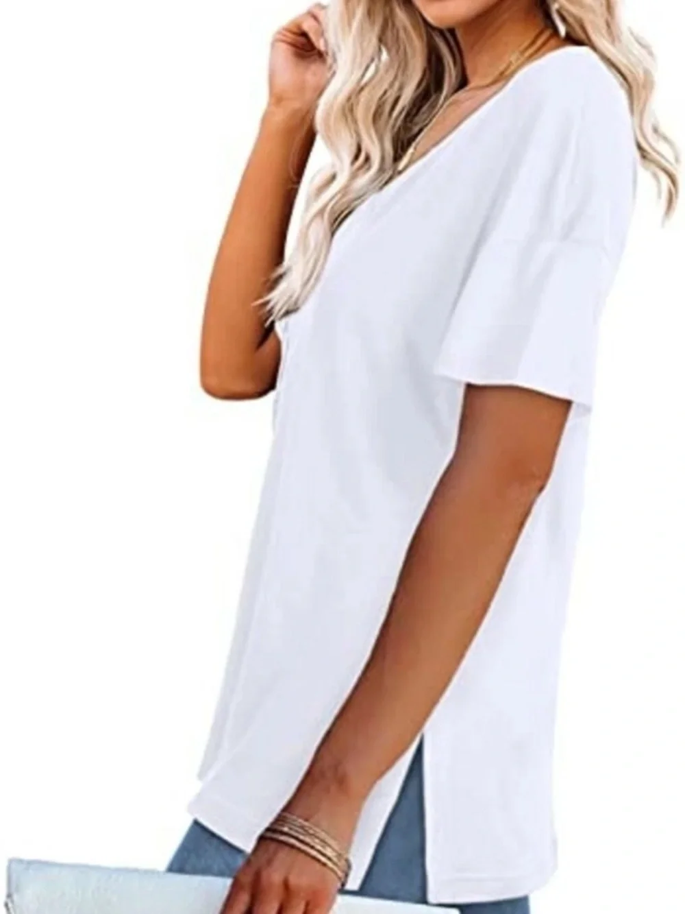 Sample White V-Neck Short Sleeve Tee - Casual Everyday Top - Picture 3 of 11